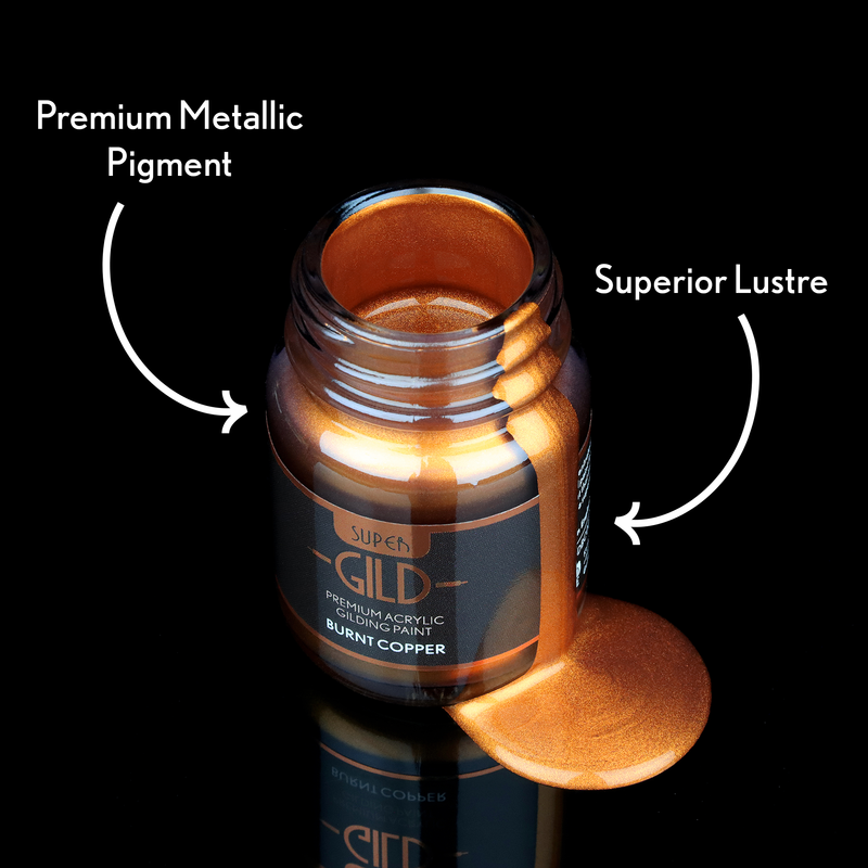Bottle of Super Gold acrylic paint in burnt copper with text highlighting 'Premium Metallic Pigment' and 'Superior Lustre'.