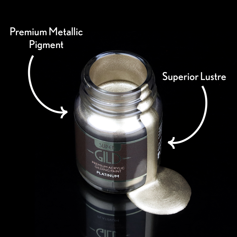 Bottle of Super Gild premium acrylic gold pigment with text highlighting 'Premium Metallic Pigment' and 'Superior Lustre'.