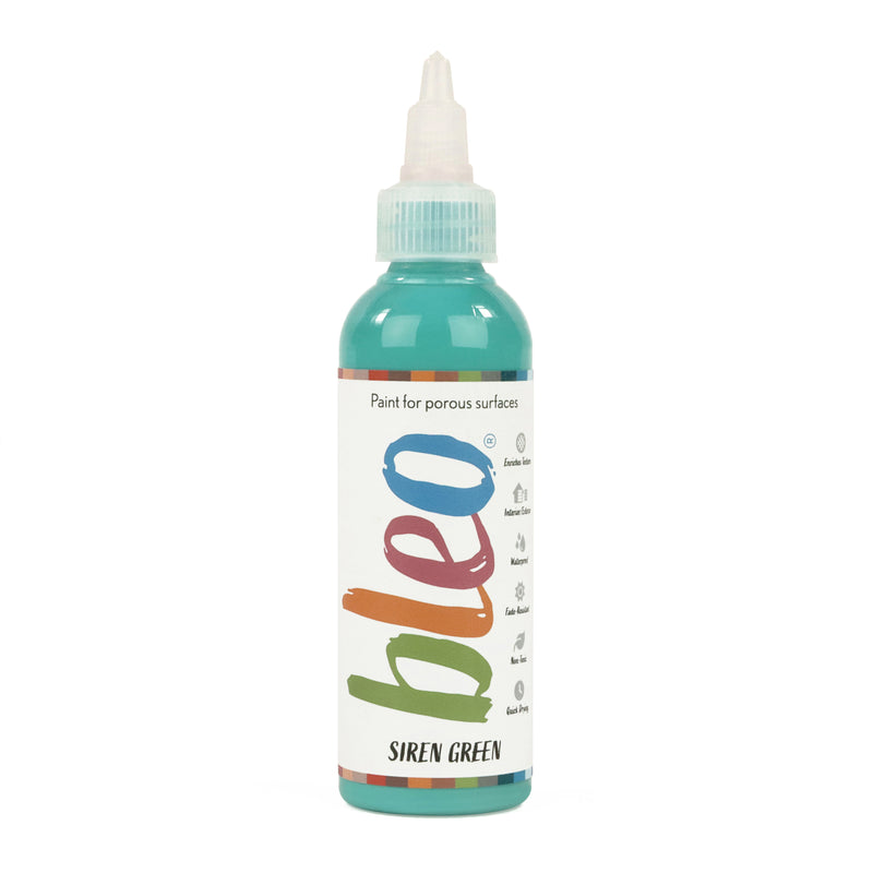 A bottle containing coloured gel paint, on a white background of bleo siren green