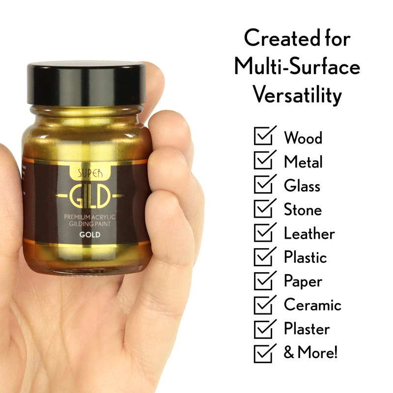 Hand holding a jar of gold gilding paint with text indicating multi-surface versatility.