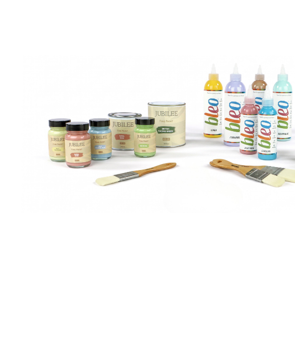 Collection of paint cans and brushes on a white background