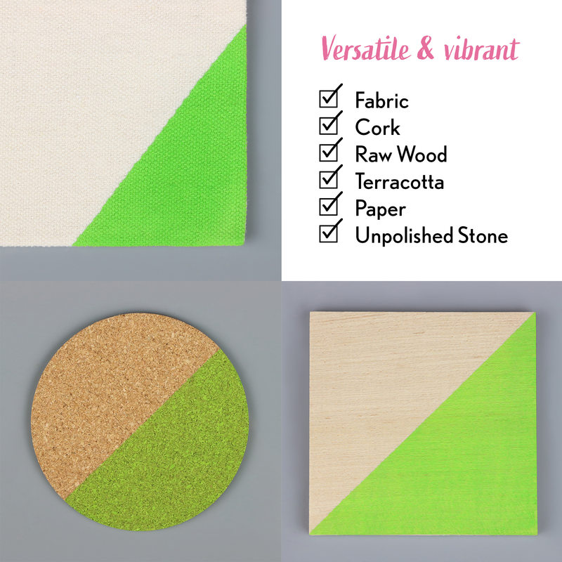 Three textured materials (cork, raw wood, terracotta) with a green triangle on a gray background, alongside a list of materials.