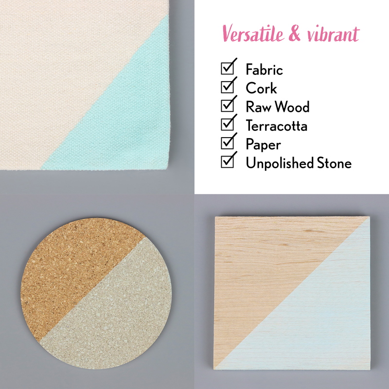 Textile samples in fabric, cork, raw wood, terracotta, paper, and unpolished stone on a gray background with 'Versatile & vibrant' text.