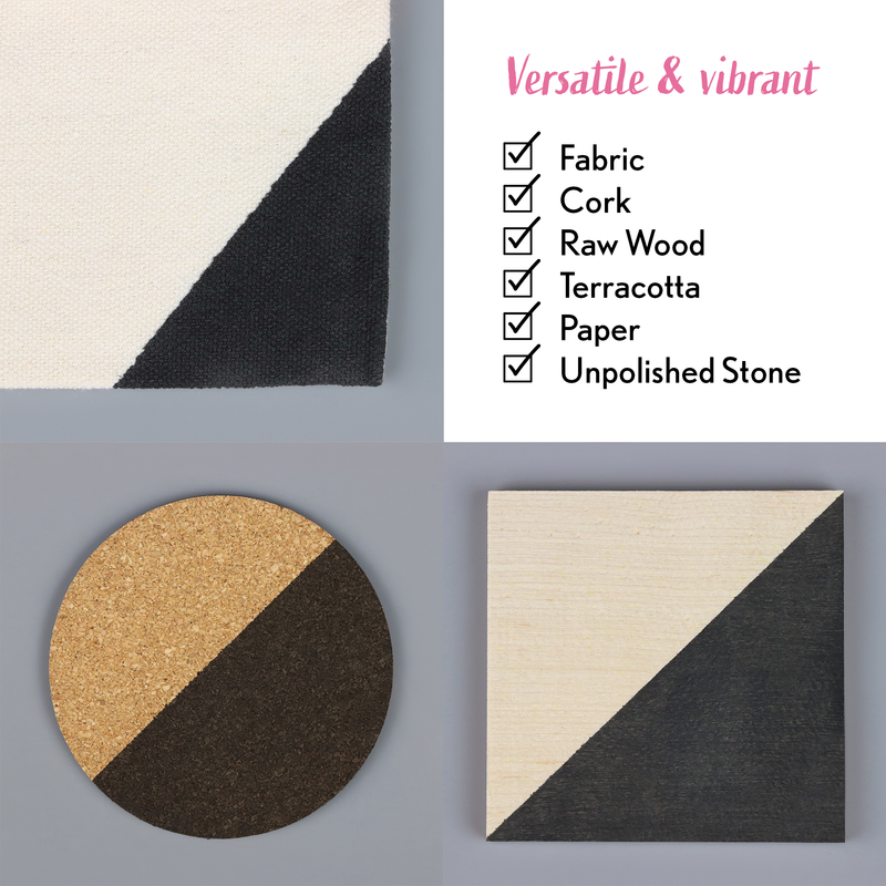 Textured fabric, cork, raw wood, terracotta, paper, and unpolished stone samples on a grey background with 'Versatile & vibrant' text.