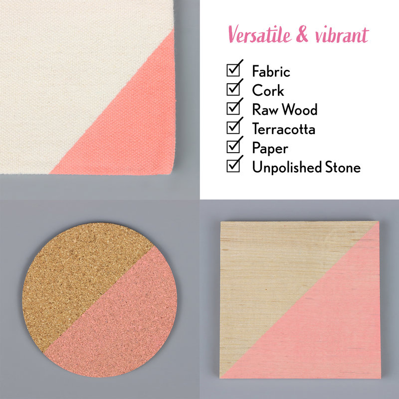 Collage of fabric, cork, raw wood, terracotta, paper, and unpolished stone samples with text indicating versatility.