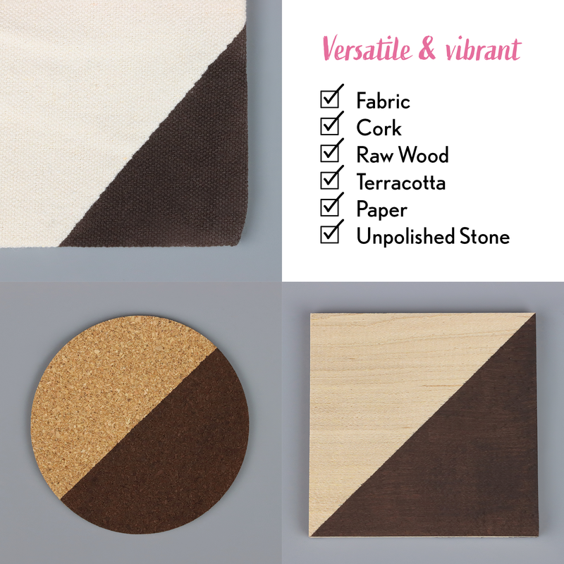 Textured materials including fabric, cork, raw wood, terracotta, paper, and unpolished stone with a checkmark icon.