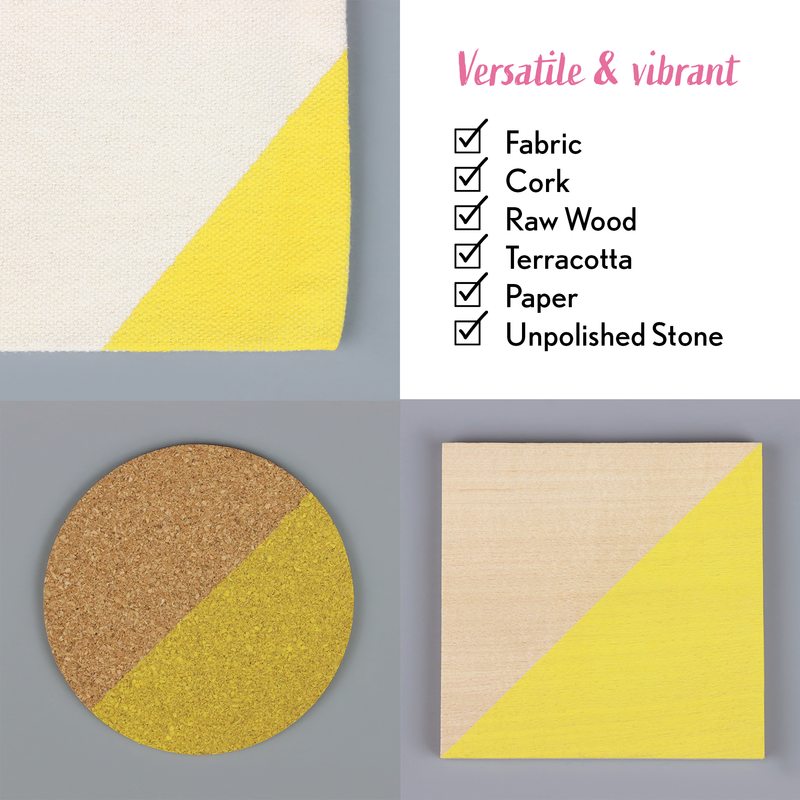 Textured fabric, cork, raw wood, terracotta, paper, and unpolished stone samples on a grey background with 'Versatile & vibrant' text.