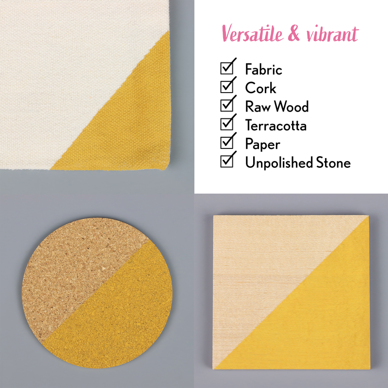 Textured fabric, cork, raw wood, terracotta, paper, and unpolished stone samples on a grey background with 'Versatile & vibrant' text.