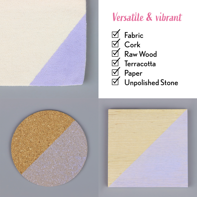 Various materials like fabric, cork, raw wood, terracotta, paper, and unpolished stone on a gray background with text indicating their versatility.