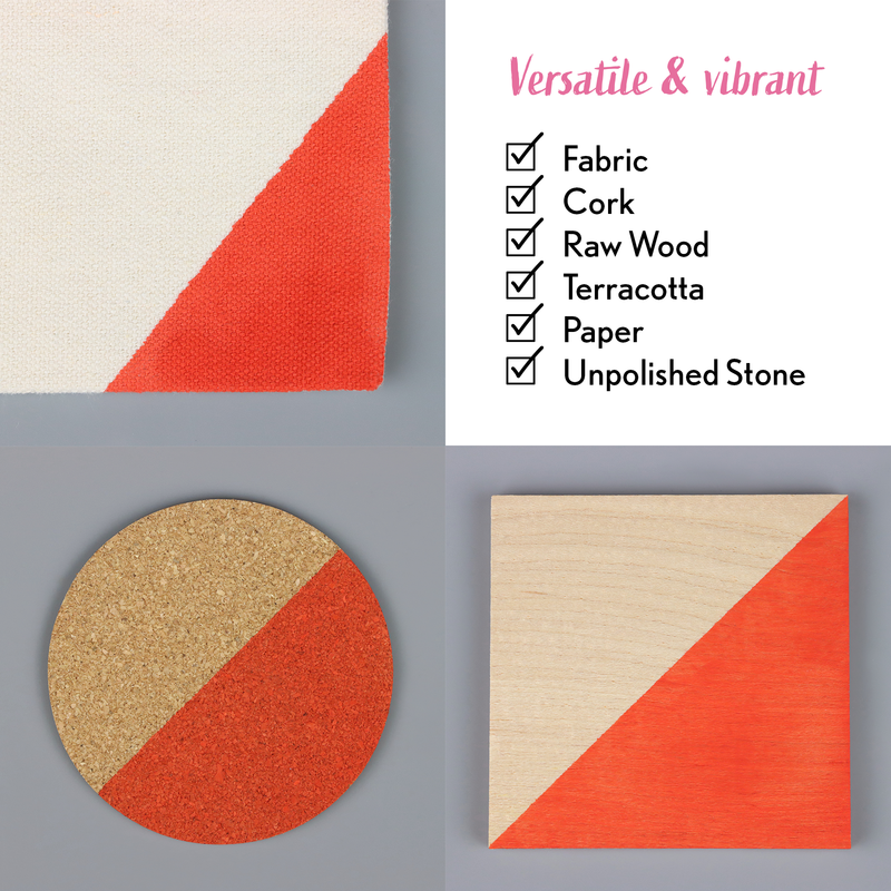 Three geometric coasters made from different materials on a gray background with text indicating material versatility.
