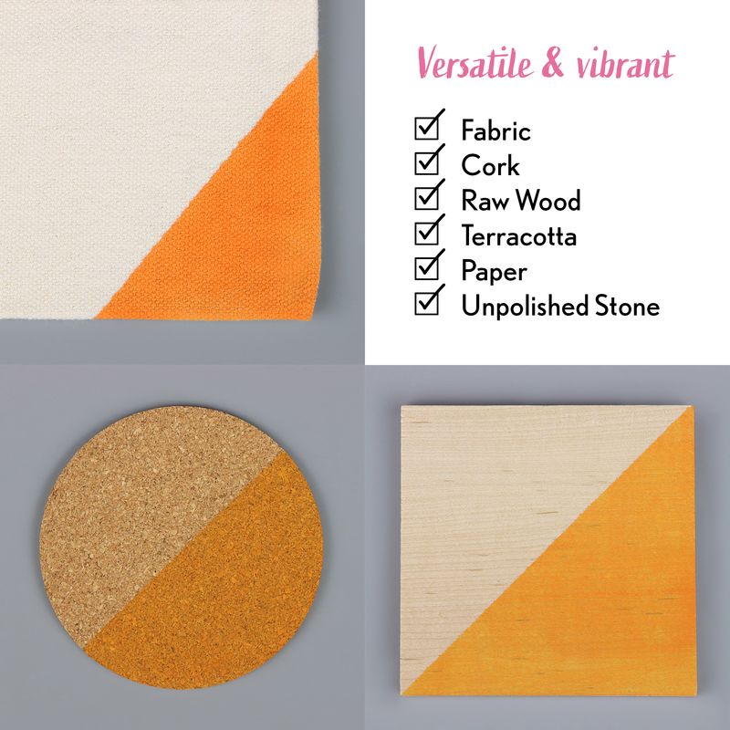 Textured surface samples with fabric, cork, raw wood, terracotta, paper, and unpolished stone, labeled 'Versatile & vibrant'.