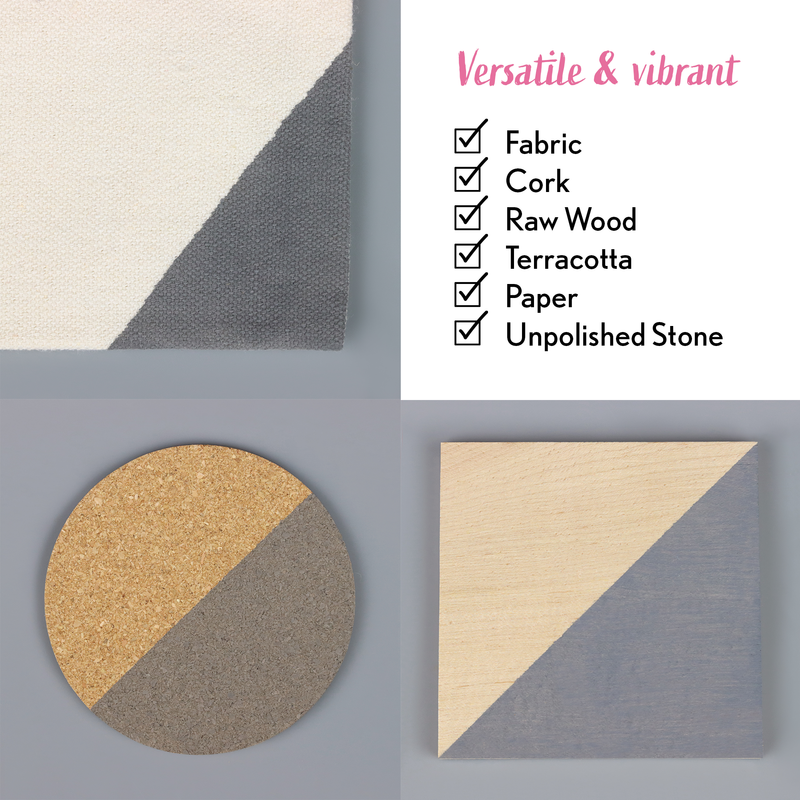 Textured fabric, cork, raw wood, terracotta, paper, and unpolished stone samples on a grey background with 'Versatile & vibrant' text.