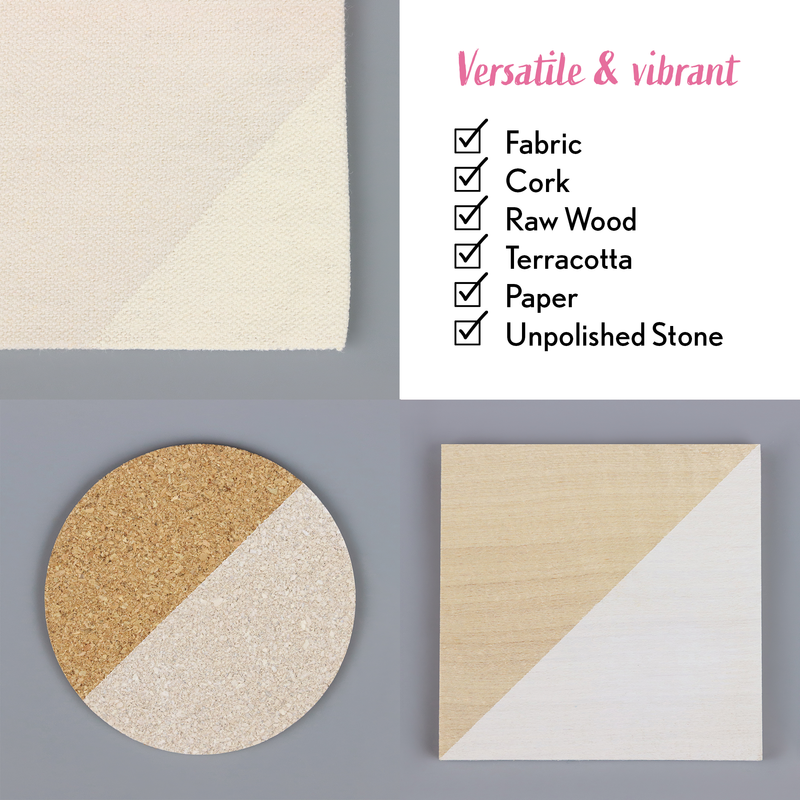 Textured fabric, cork, raw wood, terracotta, paper, and unpolished stone samples on a grey background with 'Versatile & vibrant' text.
