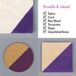 
                      
                        Coasters made from fabric, cork, raw wood, terracotta, paper, and unpolished stone with a purple and beige color scheme.
                      
                    
