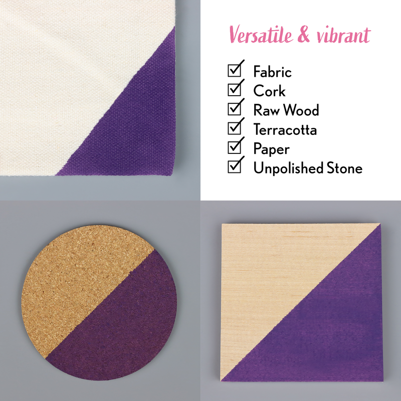 Coasters made from fabric, cork, raw wood, terracotta, paper, and unpolished stone with a purple and beige color scheme.