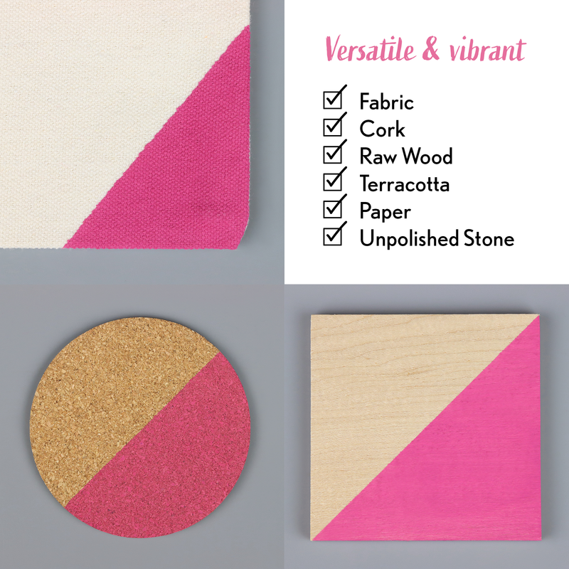 Fabric, cork, raw wood, terracotta, paper, and unpolished stone materials with pink design.