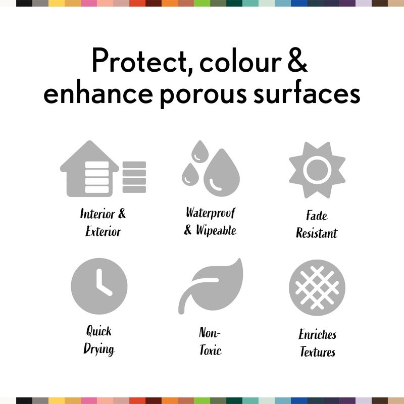 Promotional graphic for a product that protects, colors, and enhances porous surfaces with icons and text.