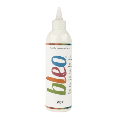 Bottle of 'bleo' paint for porous surfaces on a white background