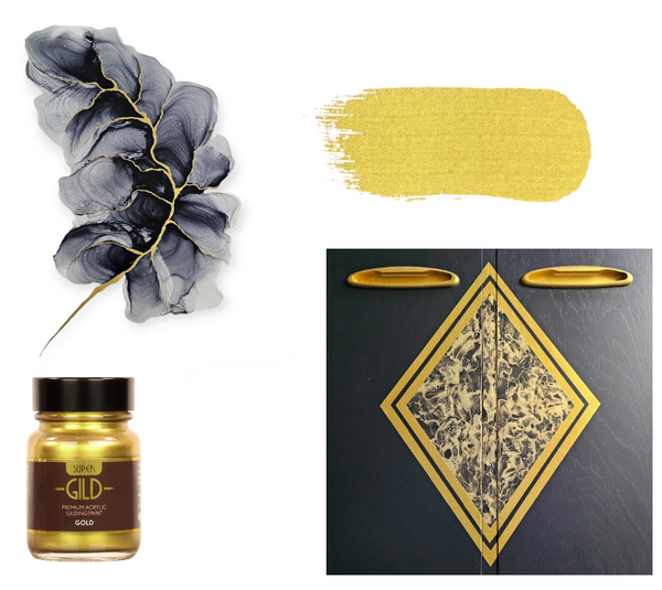 Collage of a gray scrunchie, gold paint swatch, black box with gold design, and gold jar labeled 'Gild'.