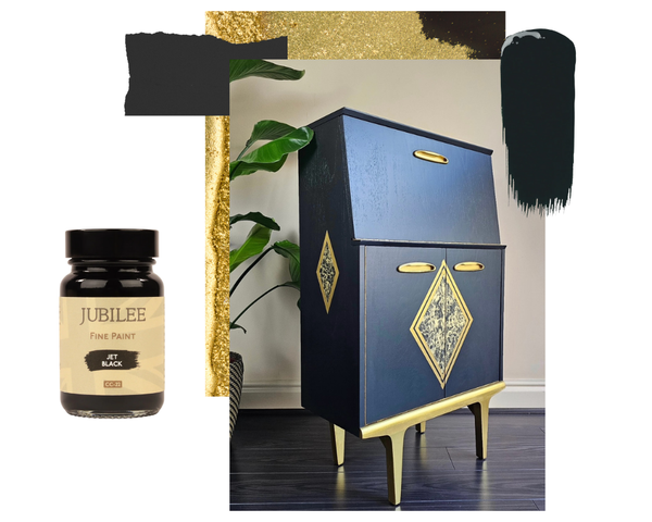 Jubilee Fine Paint bottle with a decorated cabinet in the background