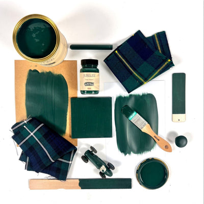 Jubilee British racing green mood board collage flatlay