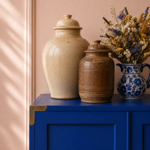 
                      
                        Bright classic blue side table with traditional English ceramics and dried flowers on top Jubilee Charles Blue
                      
                    