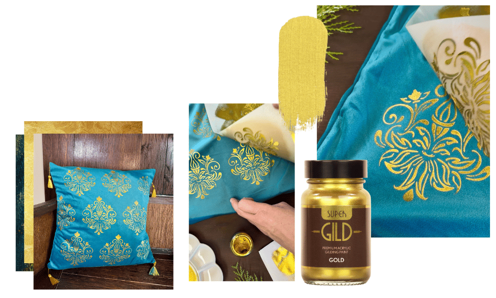 Decorative pillow with gold patterns, a bottle of 'Gild' product, and a metallic stamp on a white background.