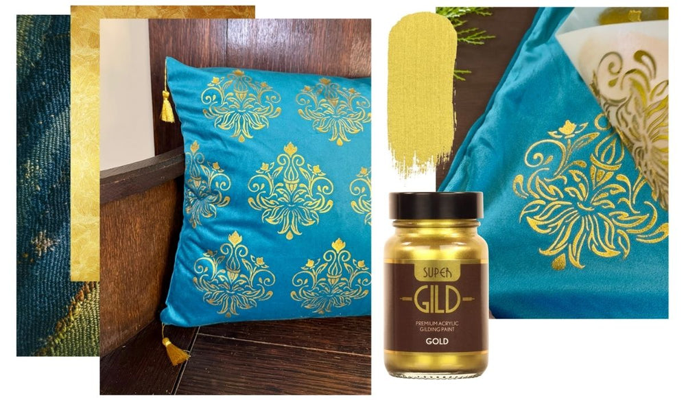 Decorative pillow with gold patterns and a bottle of Super Gild gold paint.