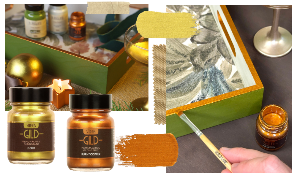 Collage of gold paint jars, a brush, and decorative items on a table.