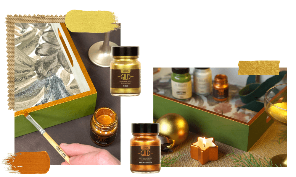 Collage of gold ink bottles and a green box with a paintbrush, on a white background.