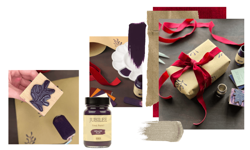 Collage of jubilee plum stamping supplies paint stamps pads, a bottle of paint, and wrapped gifts with ribbons.