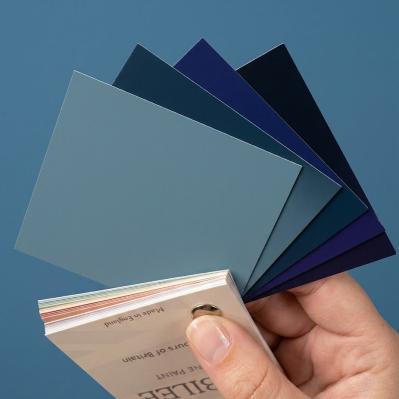 A hand holds a fanned-out set of Jubilee paint colour swatches against a solid blue background. The swatches display various shades of blue, including slate blue, navy, and deep royal blue, with the brand card 'Jubilee' visible at the bottom.