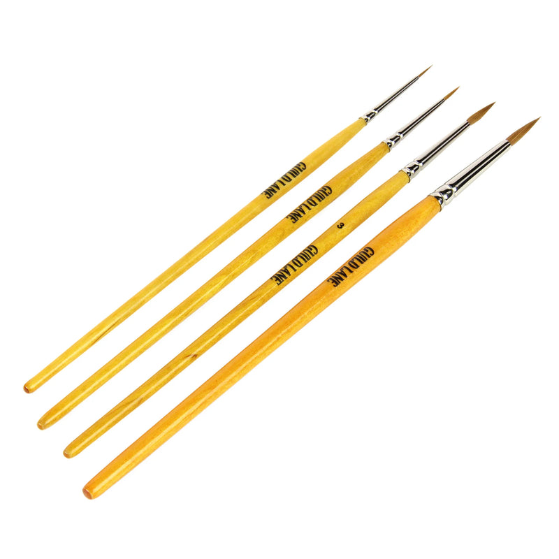 Set of four paint brushes with yellow handles on a white background