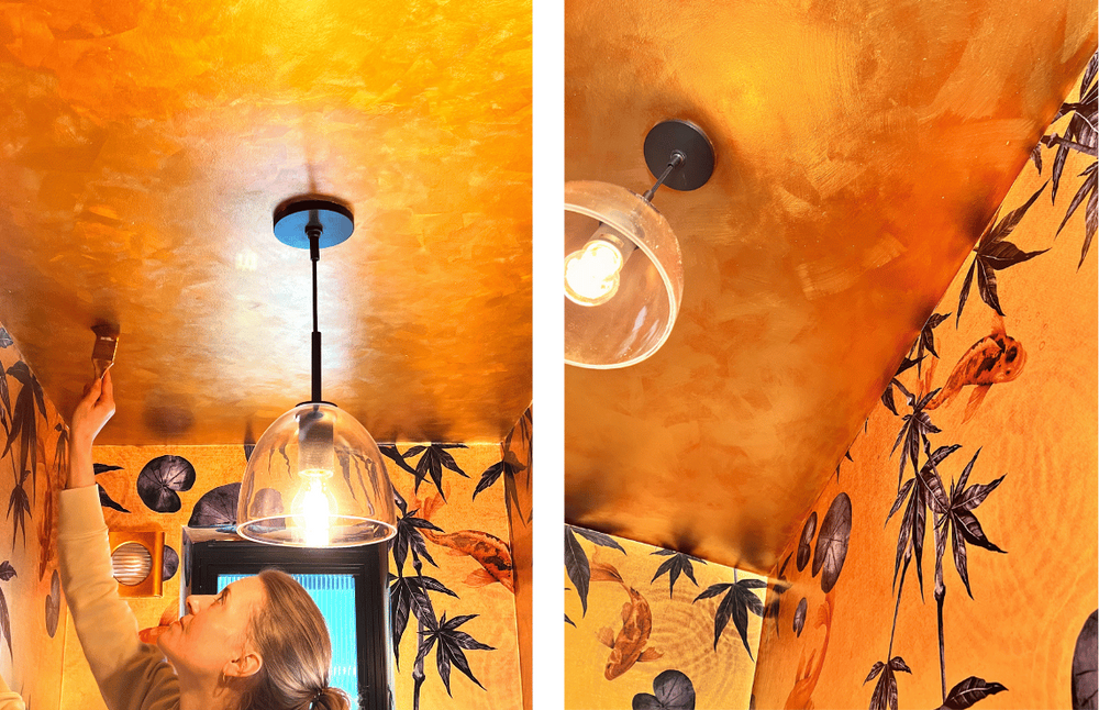 Picture of woman painting ceiling in copper orange metallic paint