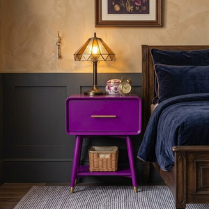 
                      
                        Magazine style shot of a piece painted in Elizabeth purple, a small mid-century style side table
                      
                    