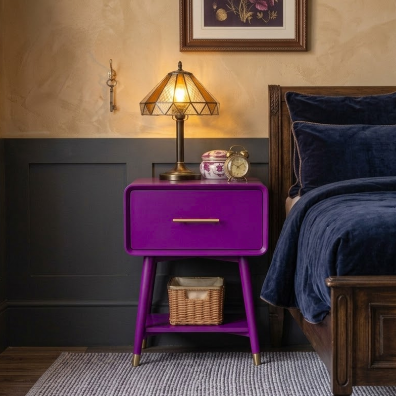 Magazine style shot of a piece painted in Elizabeth purple, a small mid-century style side table