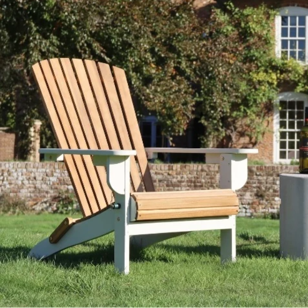 A garden chair painted in Jubilee white, on a lawn