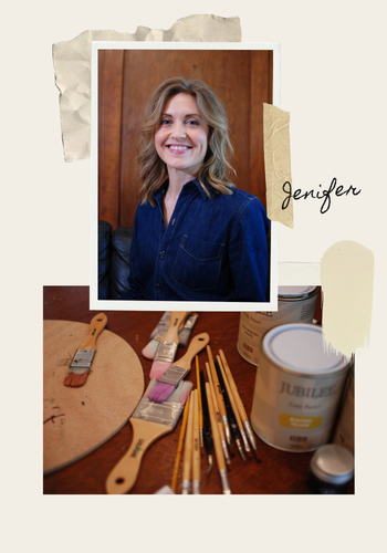 Woman in a blue shirt with paintbrushes and paint cans on a table, featuring the name 'Jenifer'.