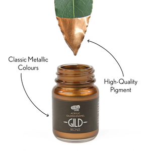 
                      
                        Bronze-coloured jar with 'GILD' branding, labeled for high-quality pigment and classic metallic colours.
                      
                    