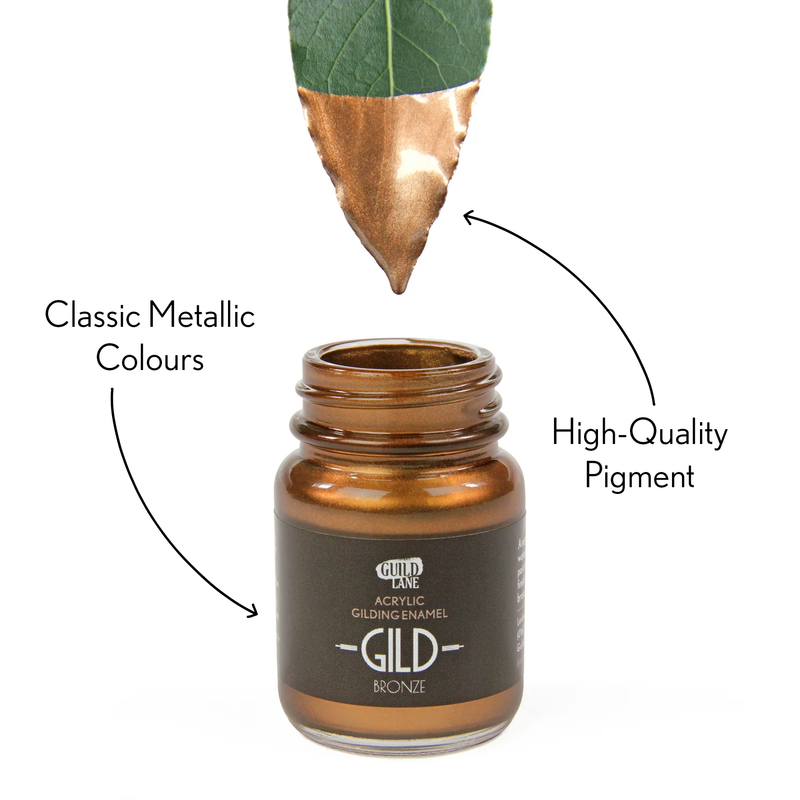 Bronze-coloured jar with 'GILD' branding, labeled for high-quality pigment and classic metallic colours.