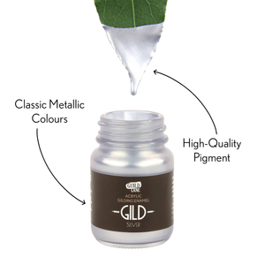 
                      
                        Silver paint jar with 'GILD' branding, labeled 'High-Quality Pigment' and 'Classic Metallic Colours', being filled with a green liquid.
                      
                    