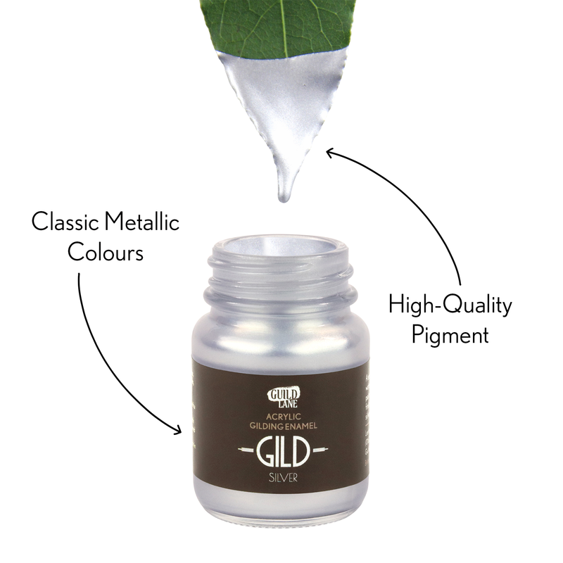 Silver paint jar with 'GILD' branding, labeled 'High-Quality Pigment' and 'Classic Metallic Colours', being filled with a green liquid.
