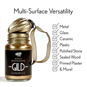 
                      
                        Gilding enamel jar with gold leaf and text highlighting multi-surface versatility on a white background
                      
                    