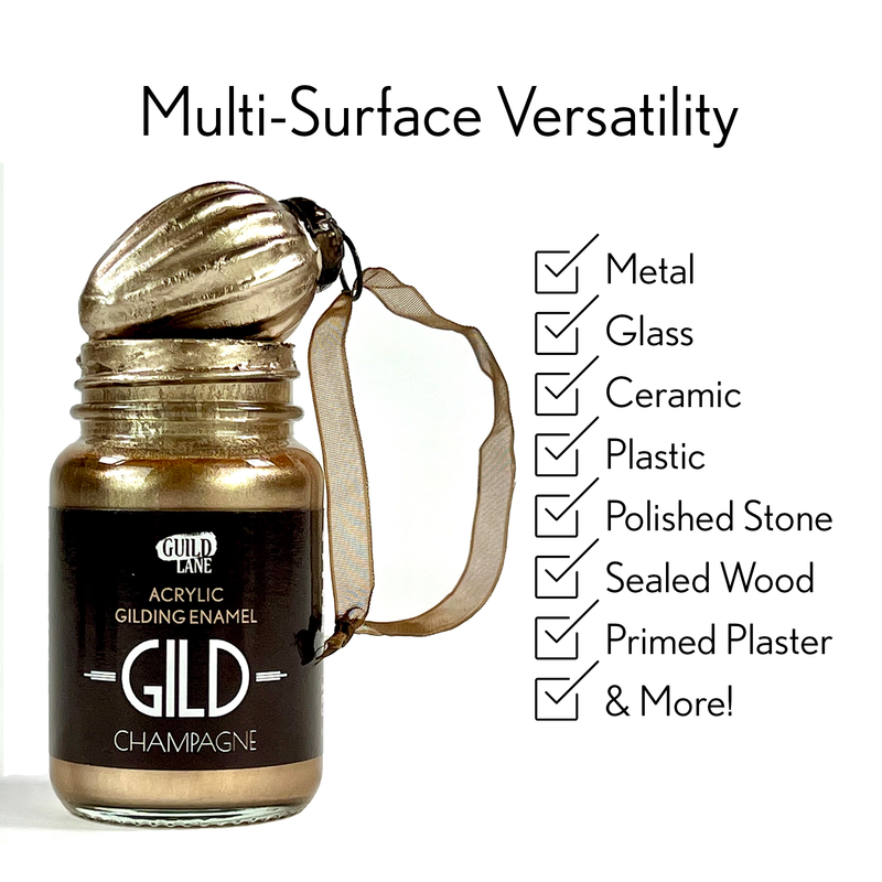 Gilding enamel jar with gold leaf and text highlighting multi-surface versatility on a white background
