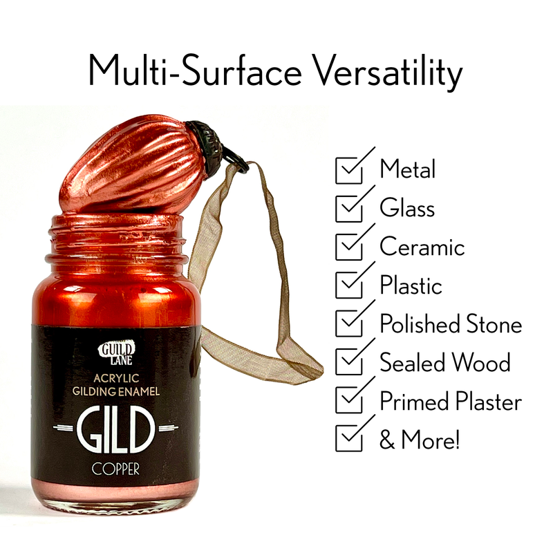 Copper jar of metallic paint with its properties listed next to it