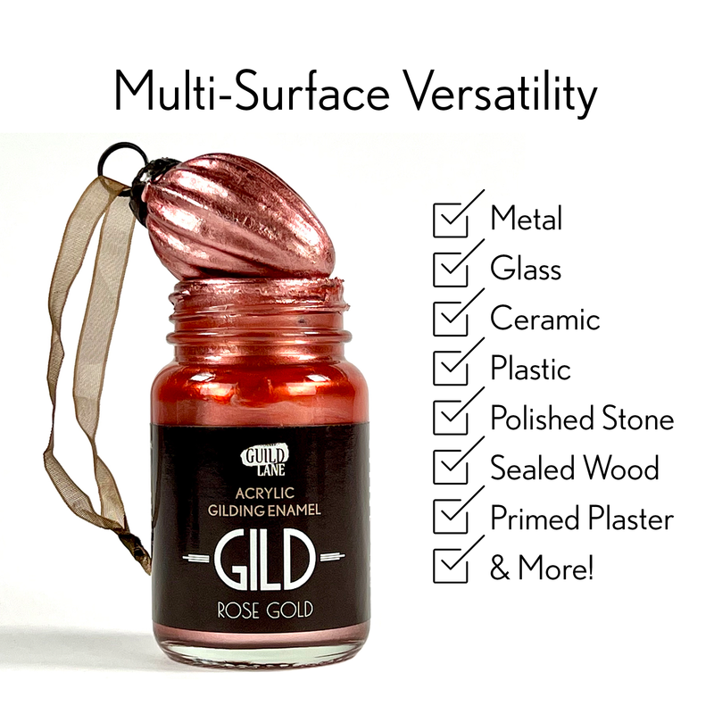 Rose gold gilding enamel bottle with multi-surface versatility text on a white background
