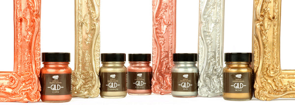 Row of GLD jars with decorative frames on a white background