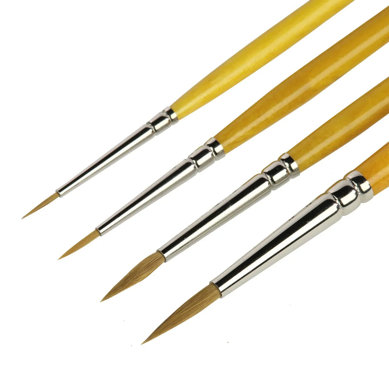 Set of four paintbrushes with yellow handles and silver ferrules on a white background