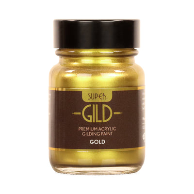 Jar of Super Gild premium acrylic gilding paint on a white background