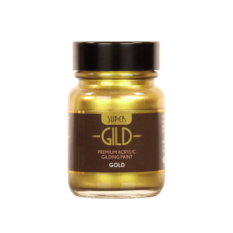 Jar of Super Gild premium acrylic gilding paint on a white background